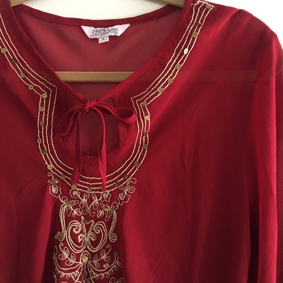 ❤️ Red Kurti-Style Sheer Long Sleeve Tunic Blouse - Picture 7 of 8